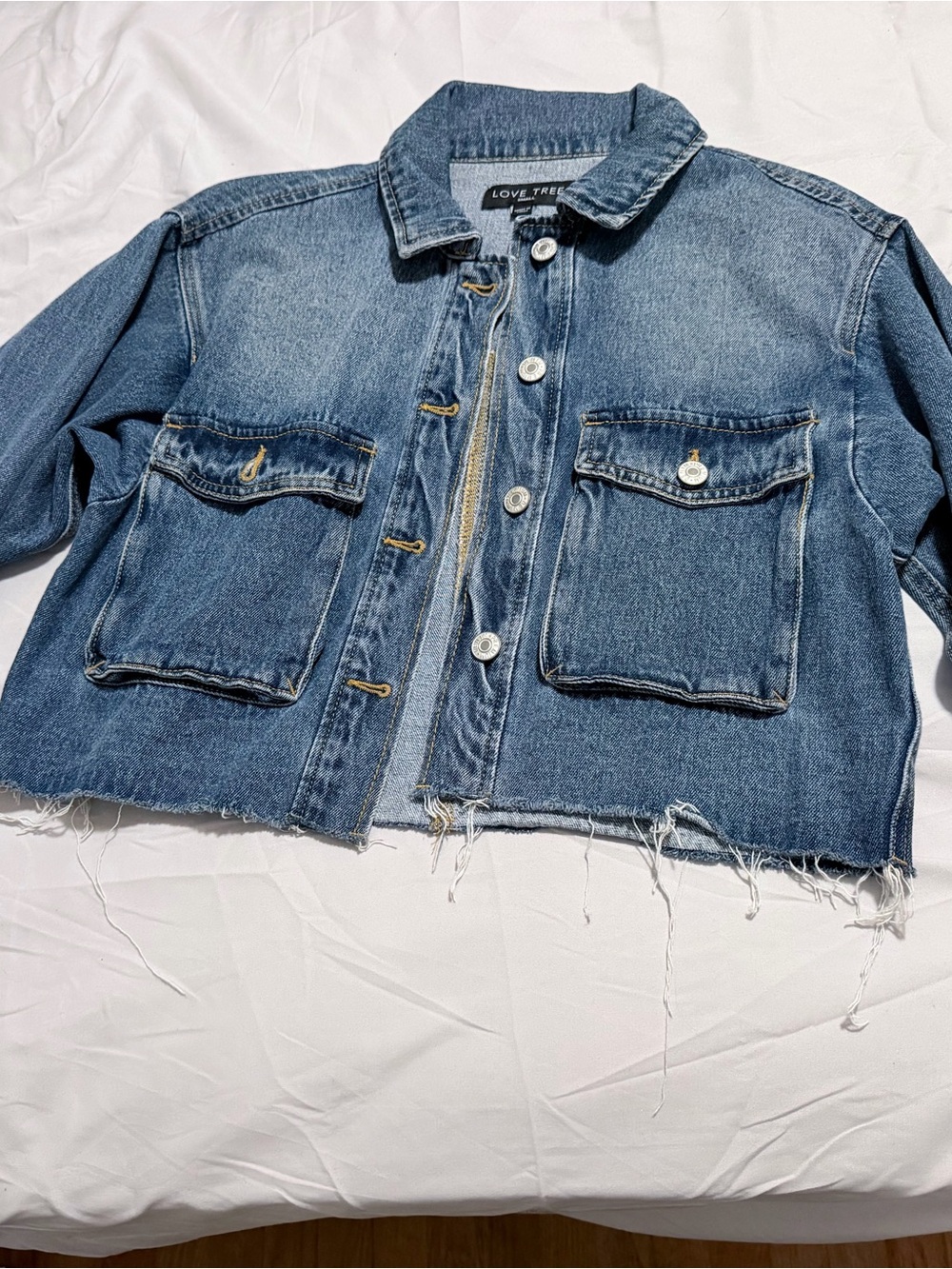 Love Tree Distressed Medium Blue Cropped Denim Jacket